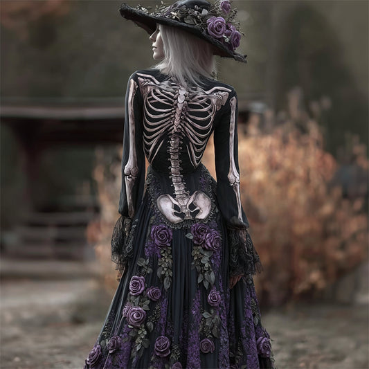 Halloween Skeleton Purple Roses Gradient Linen Maxi Dress