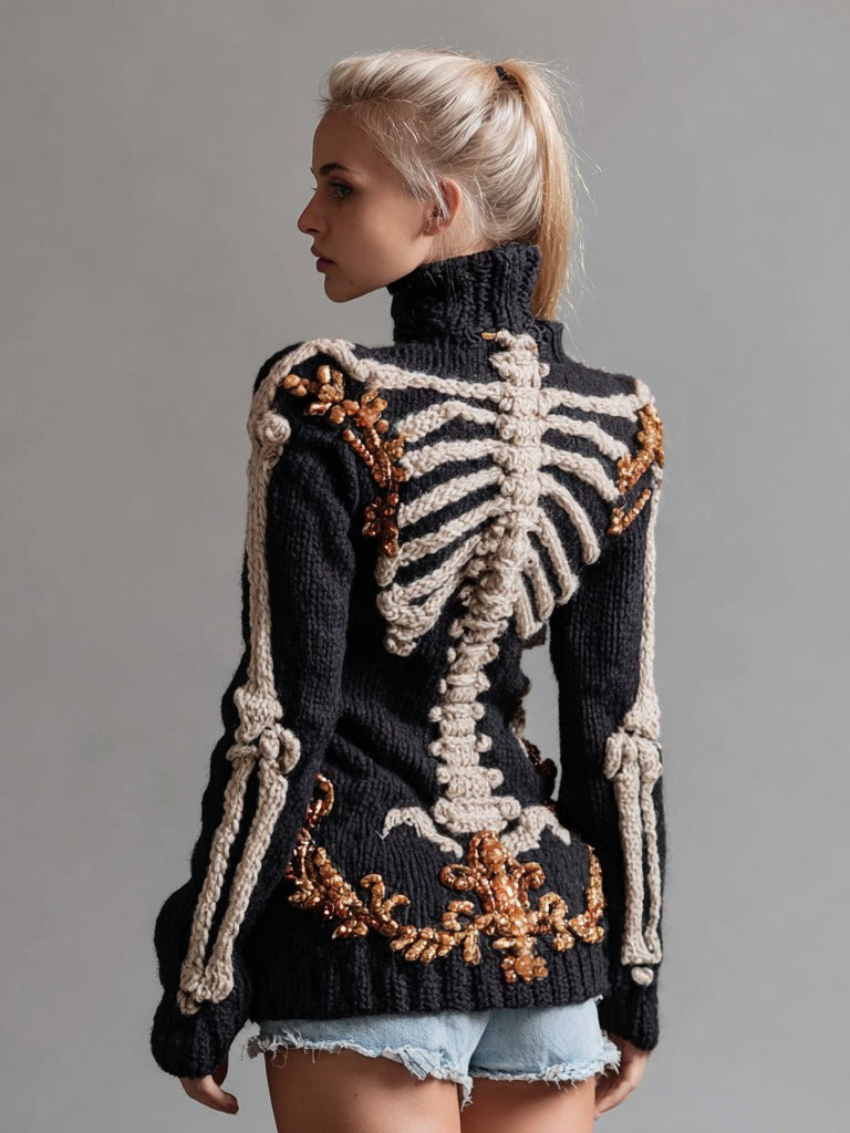 Women's Halloween Human Skeleton Art Turtleneck Slim Sweater