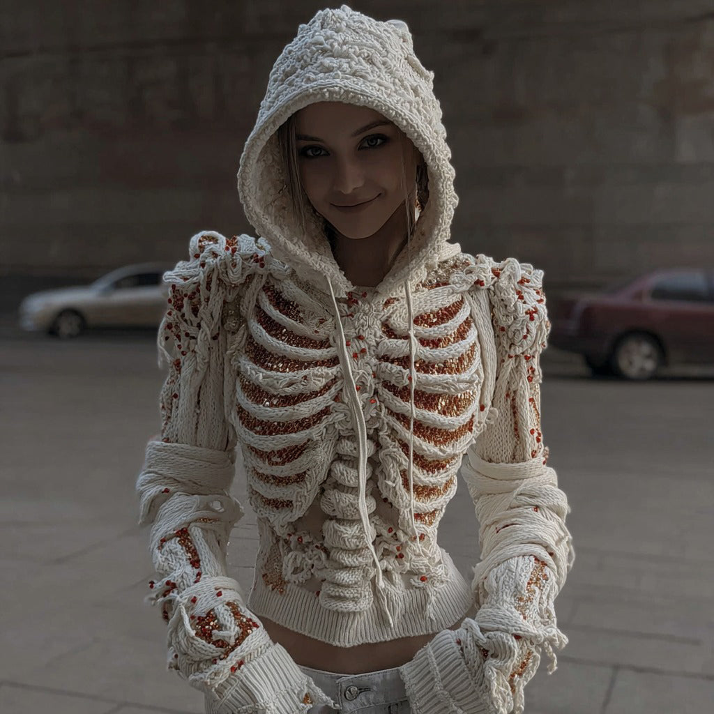 Women's Halloween Skull Sequined Knit Hooded Sweater