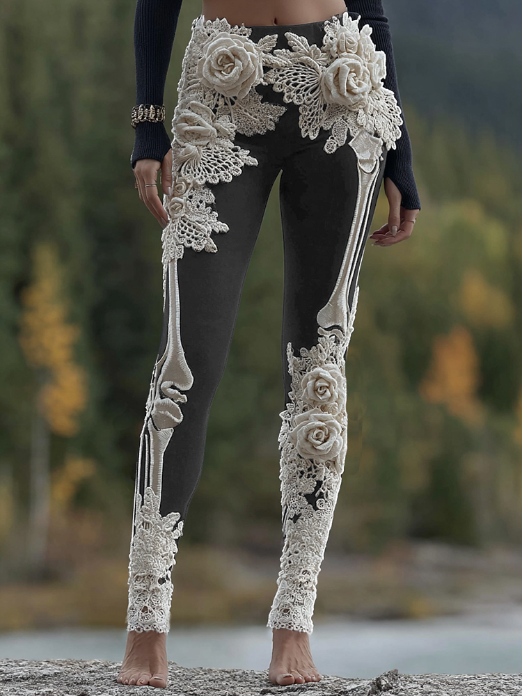 Vintage Halloween Skeleton Bones With Rose Art Cozy Knit Leggings