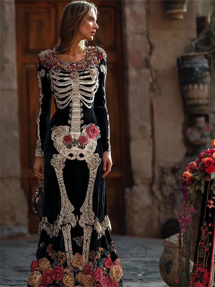 Day Of The Dead Skeleton Roses Fiber Art Velvet Maxi Dress