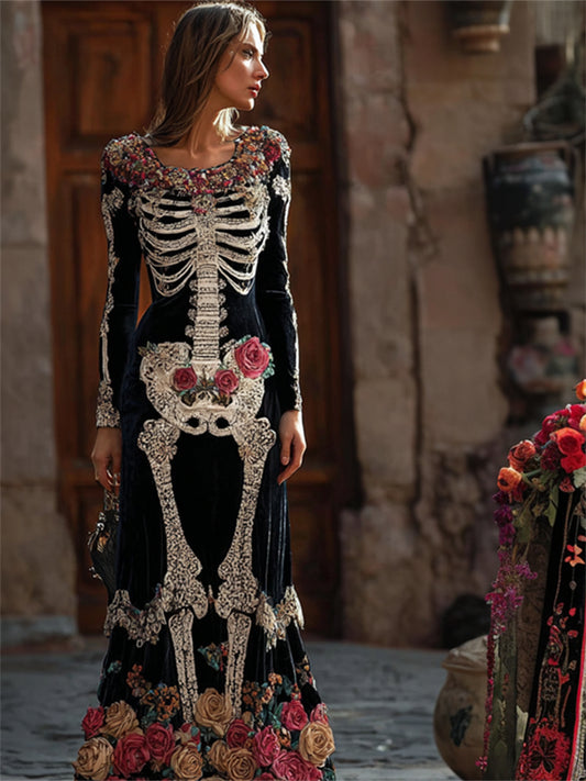Day Of The Dead Skeleton Roses Fiber Art Velvet Maxi Dress