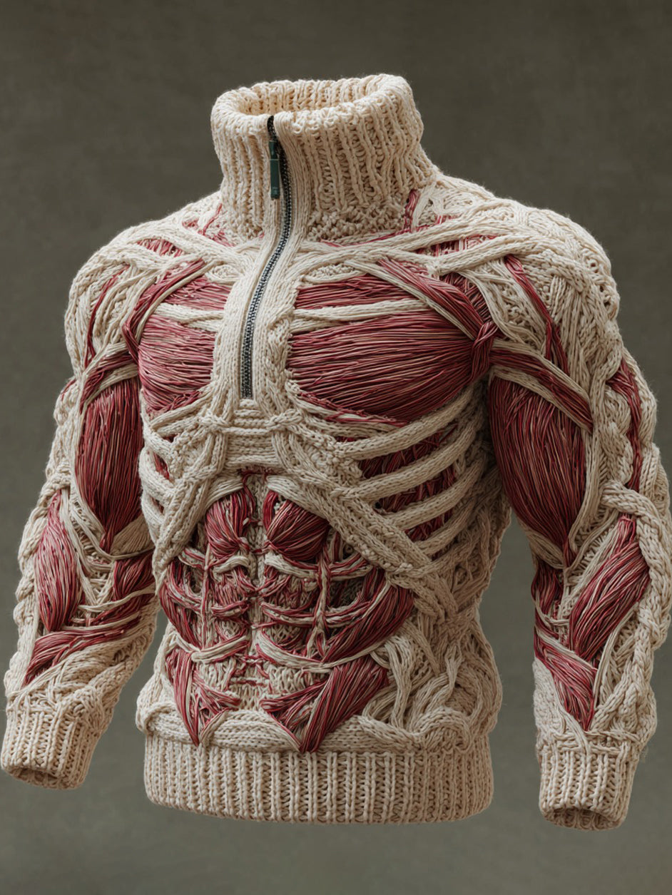 Men's Vintage Muscles Art Jacquard Cozy Knitted Half-zip Turtleneck Sweater