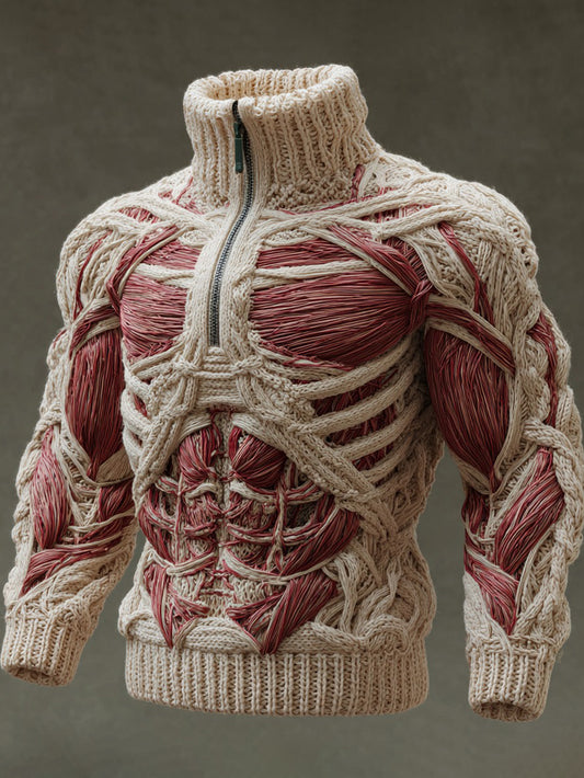 Men's Vintage Muscles Art Jacquard Cozy Knitted Half-zip Turtleneck Sweater