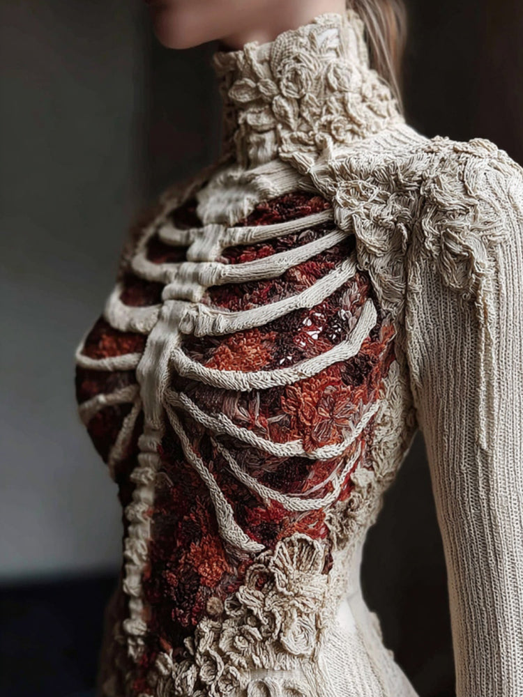 Women's Vintage Skeleton & Floral Art Cozy High Neck Sweater