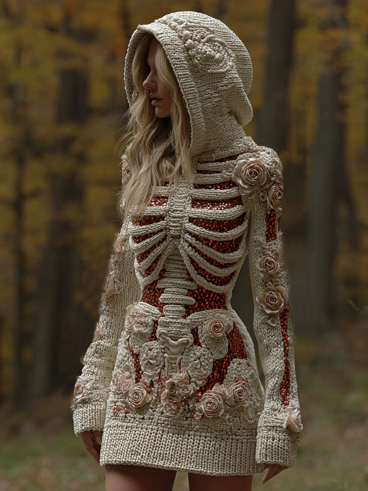 Women's Halloween Skull Floral Knit Hooded Sweater Mini Dress