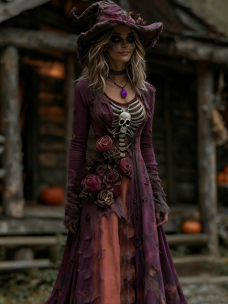 Women's Halloween Rose Skeleton Witch Role Play Round Neck Maxi Dress