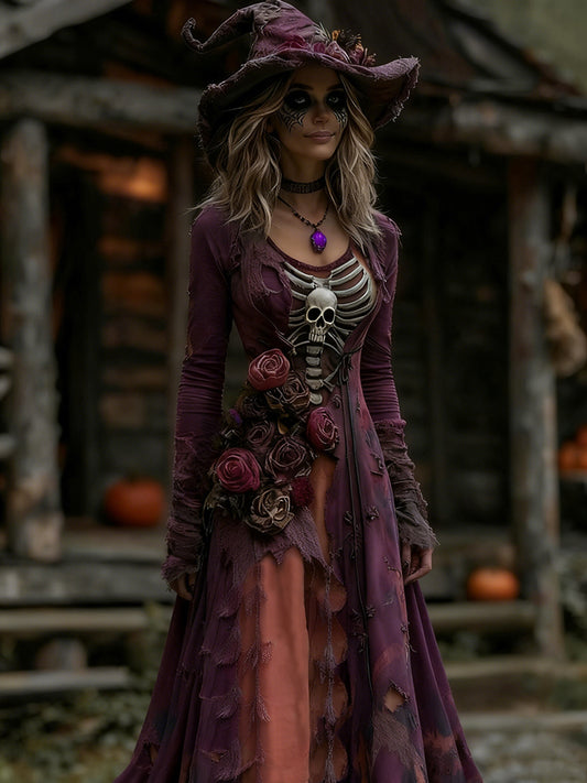 Women's Halloween Rose Skeleton Witch Role Play Round Neck Maxi Dress