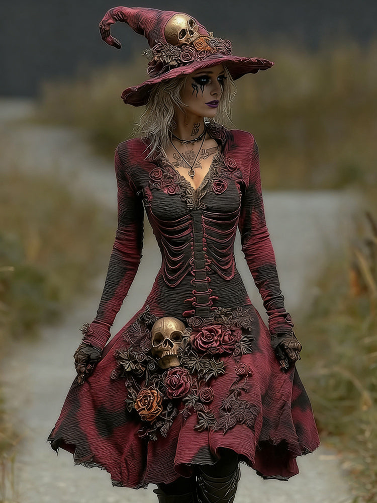 Women's Skull And Floral Embroidery Ombre Witch Midi Dress