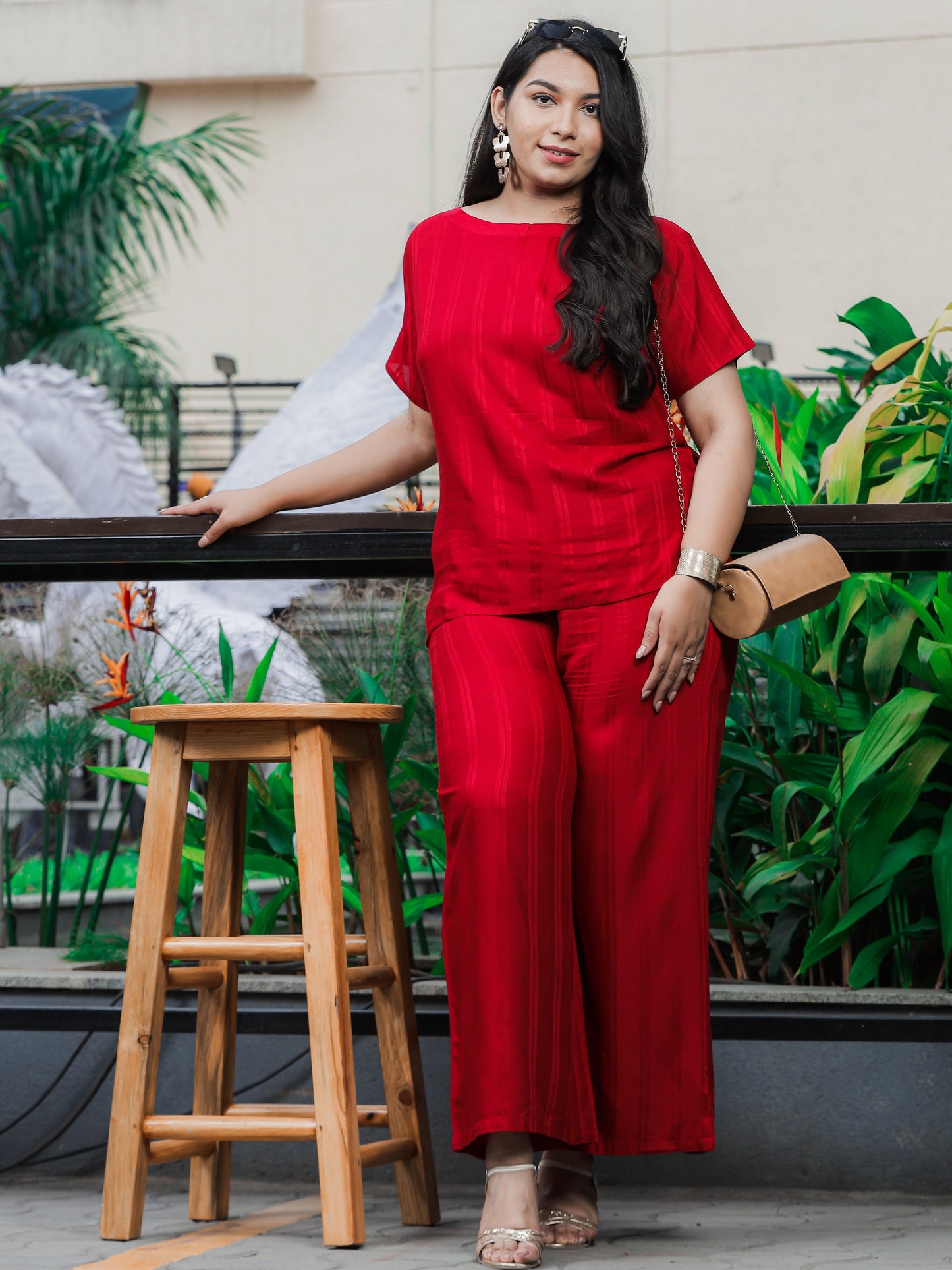 Rayon Round Neck Co-ord Sets Dark Red