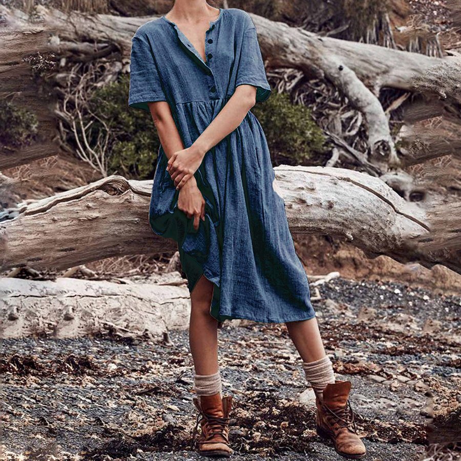 Airrys™ Pure Color Casual Cotton And Linen Short Sleeve Dress