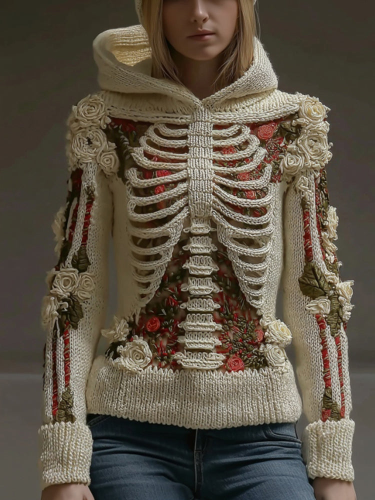 Women's Halloween Skeleton Bones Roses Art Knitted Warm Hooded Sweater