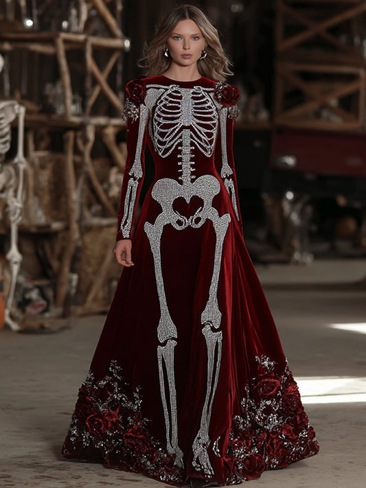 Women's Halloween Skull Floral Velvet Crew Neck Maxi Dress