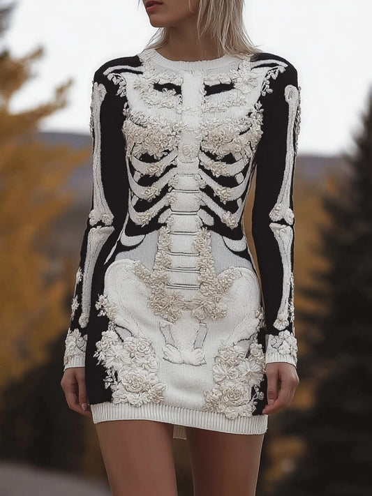 Vintage Halloween Skeleton Floral Art Cozy Sweater Dress