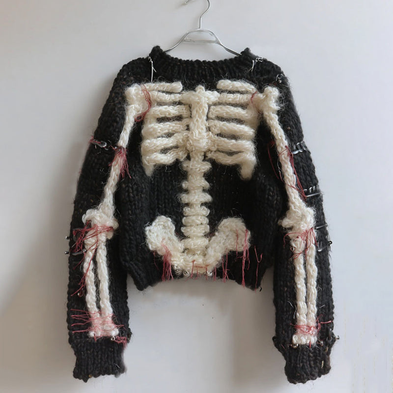 Women's Vintage White Black Skeleton Art Cozy Sweater