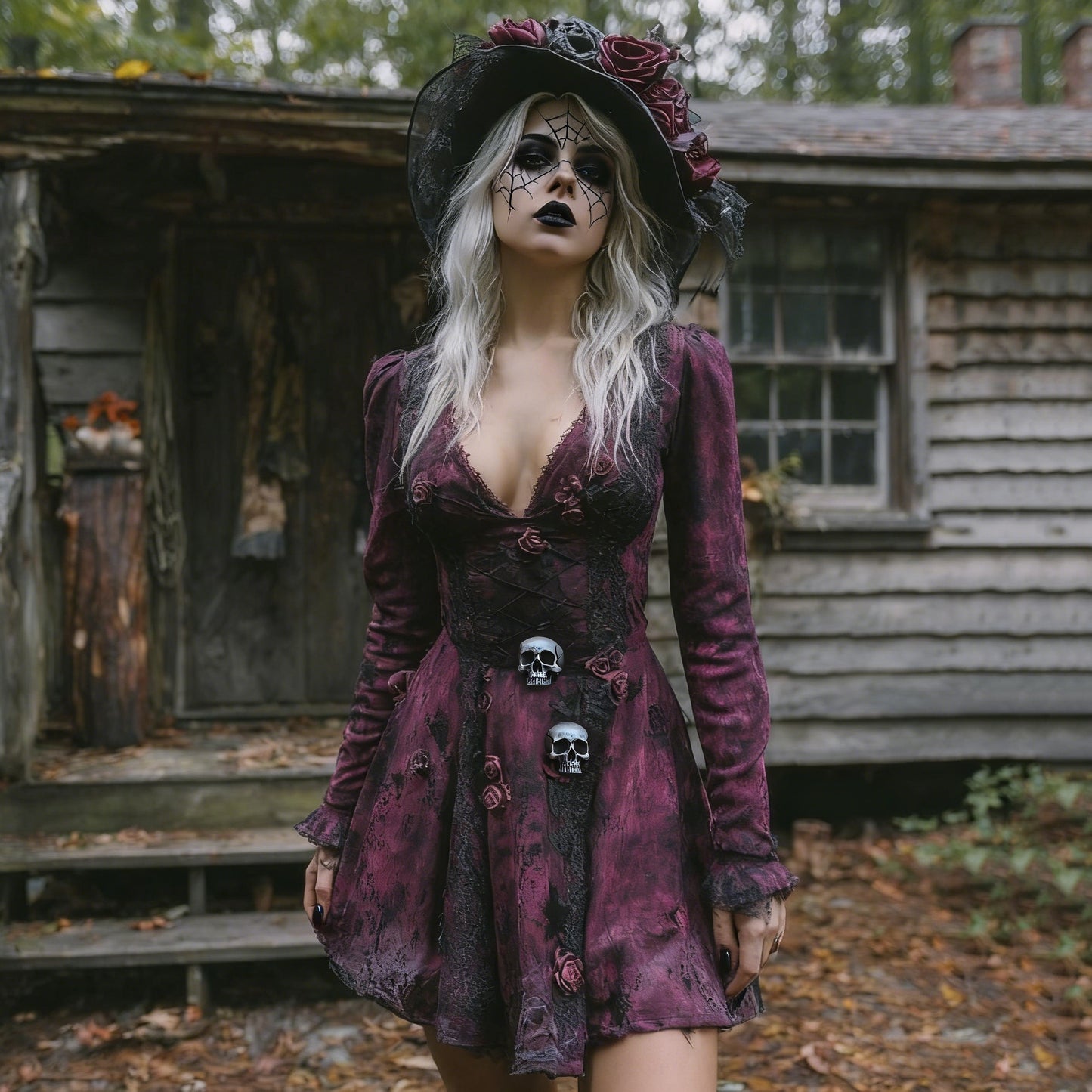 Women's Halloween Rose Skeleton Witch Cosplay Midi Dress