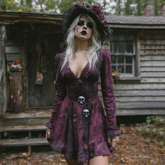 Women's Halloween Rose Skeleton Witch Cosplay Midi Dress