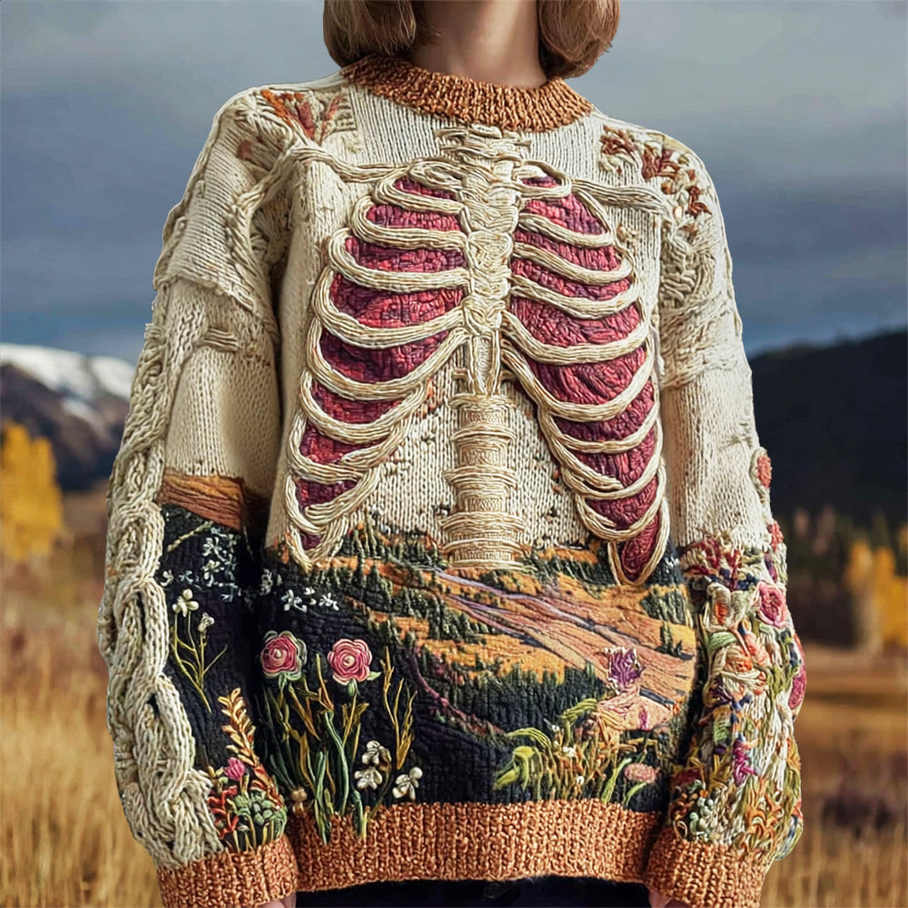 Vintage Anatomy & Floral Embroidery Women's Knit Crew Neck Sweater