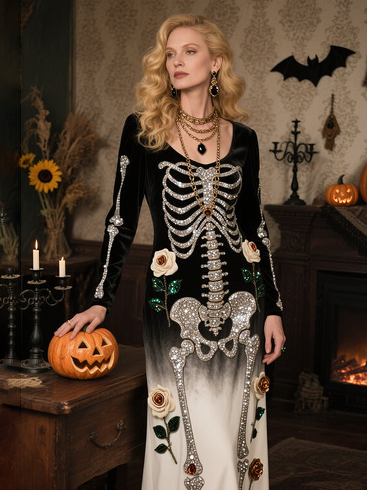 Vintage Halloween Skeleton Bones With Roses Flowy Velvet Maxi Dress