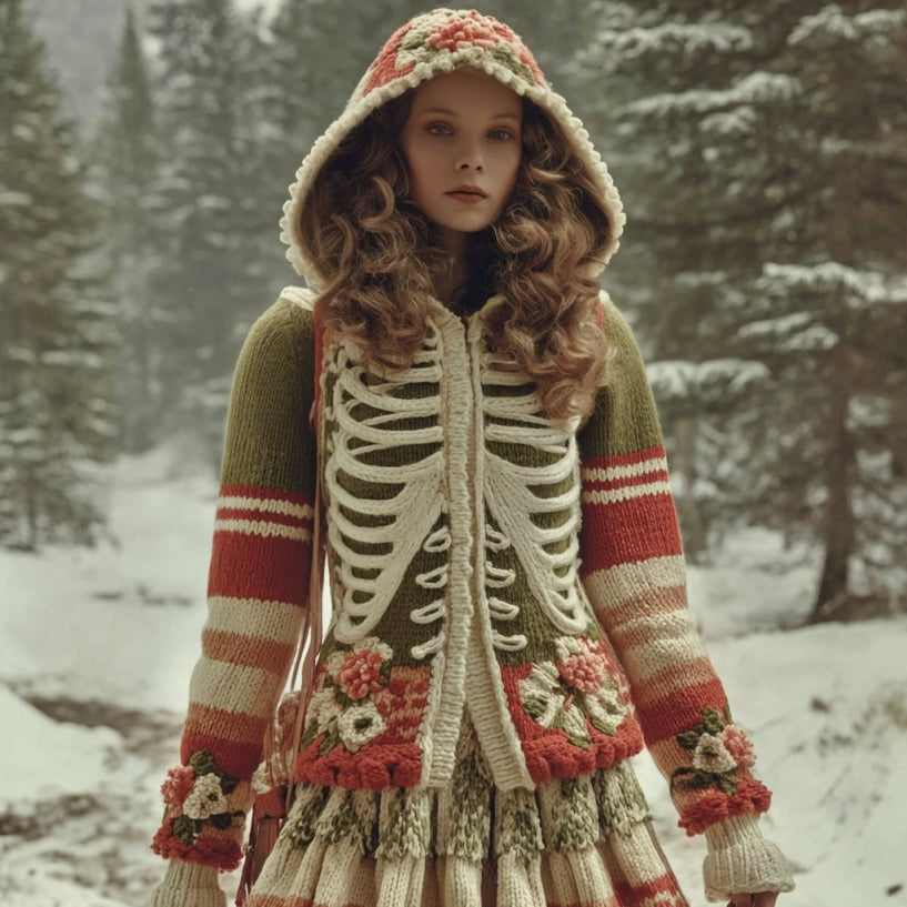 Women's  Halloween Skeleton Pattern Knit Hooded Sweater Jacket