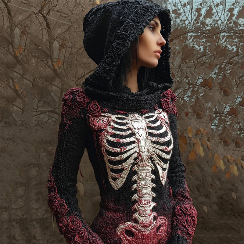 Vintage Bloody Roses Skeleton Gradient Cozy Knit Hooded Sweater