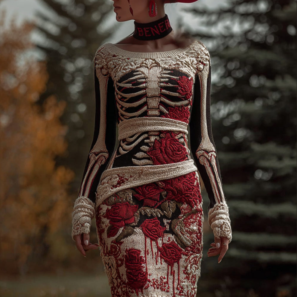 Women's Halloween Skeleton Rose Art Knitted Round Neck Dress