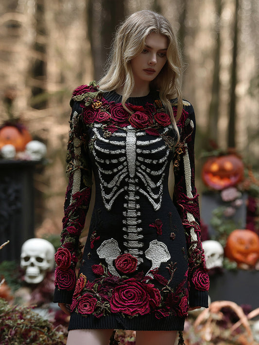 Women's Retro Floral Skull Knit Mini Sweater Dress
