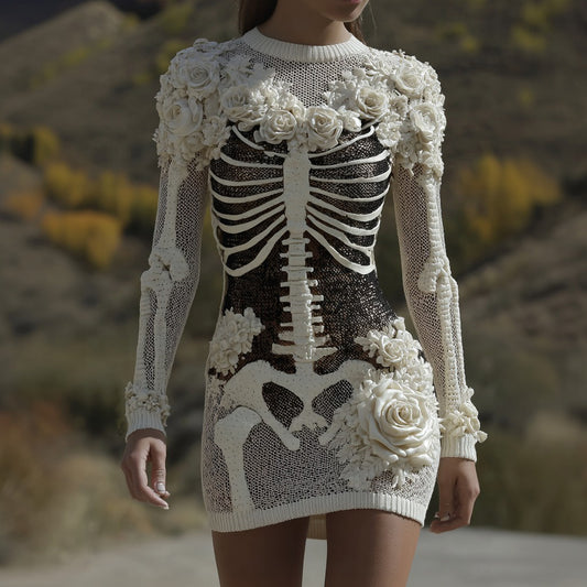 Women's Halloween Skull Anatomy Rose Art Round Neck Knit Dress
