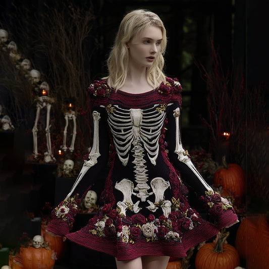 Women's Vintage Floral Skull Pattern Cozy Knit Mini Sweater Dress