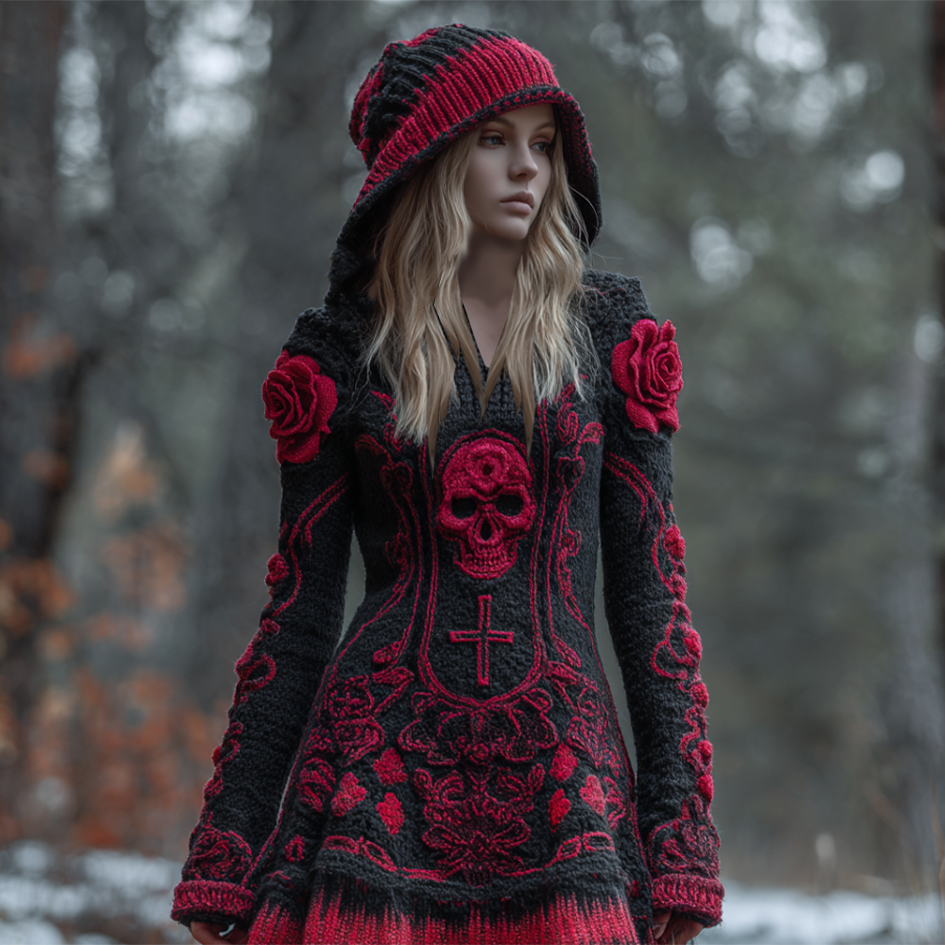 Halloween Viking Style Lady Hooded Knit Sweater Dress