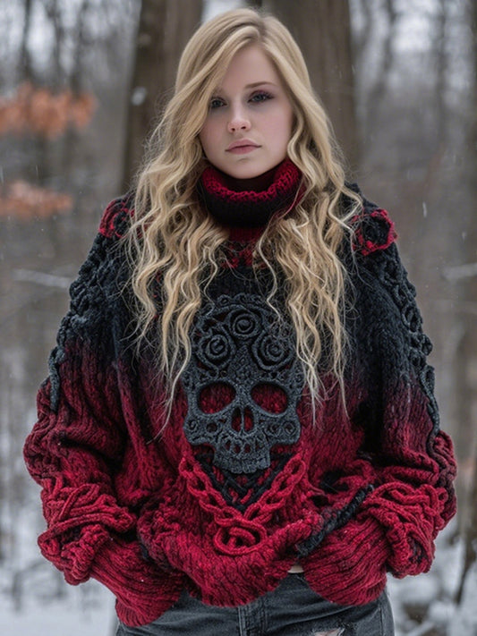 Women's Halloween Rose Celtic Skull Gradient Art Knit Turtleneck Sweater