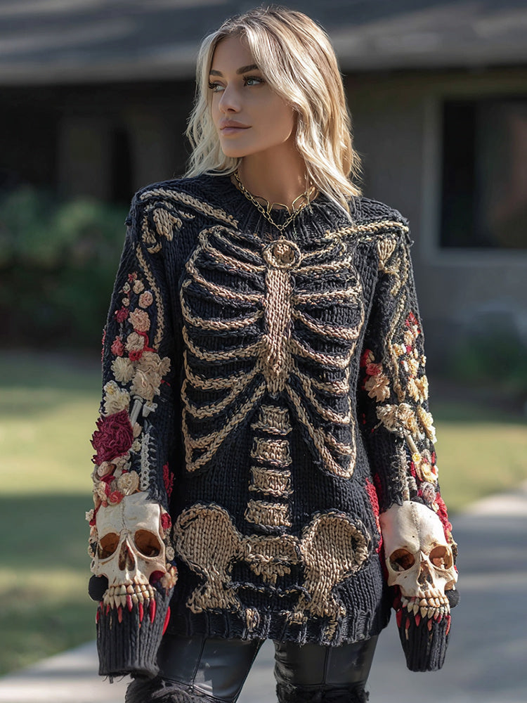 Vintage Halloween Anatomy Skeleton Bones With Skull And Floral Art Chunky Knitted Sweater