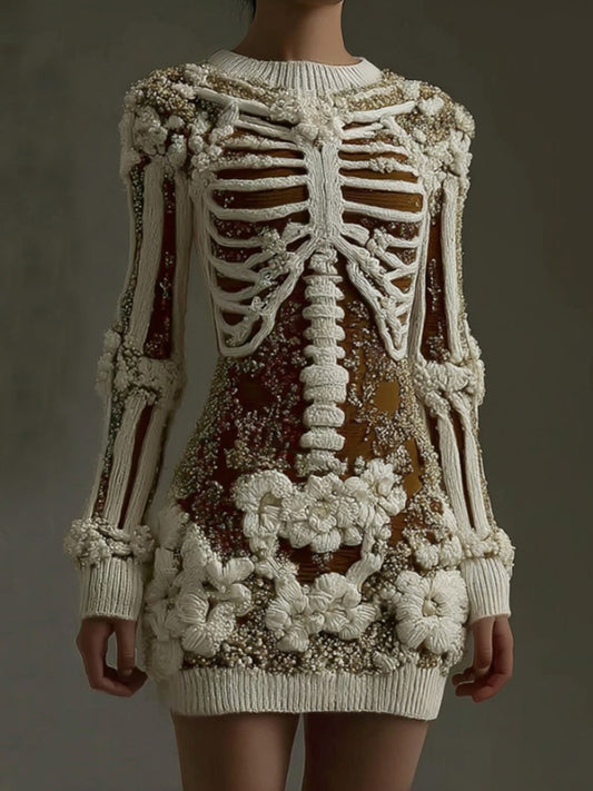 Women's Halloween Skeleton Art Gothic Knit Mini Sweater Dress