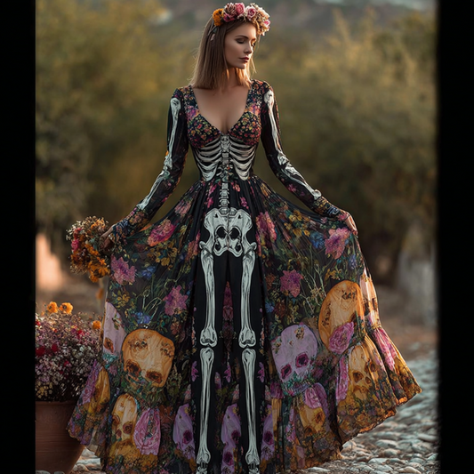 Halloween Plant Flower And Skeleton Bone Pattern Combined Design Women Long Cotton And Linen Dress