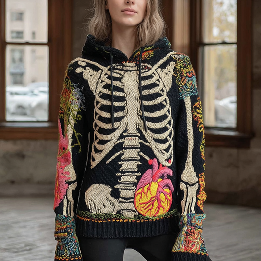 Halloween Skeleton Bone Pattern Design Women's Knit Hooded Sweater