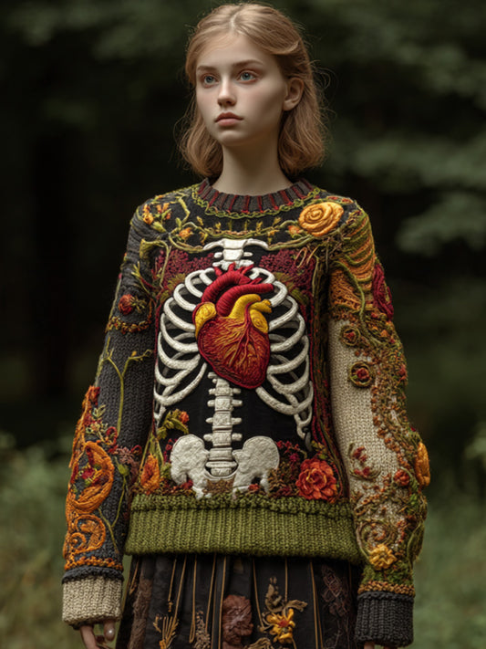 Vintage Halloween Anatomical Heart And Floral Art Sweater