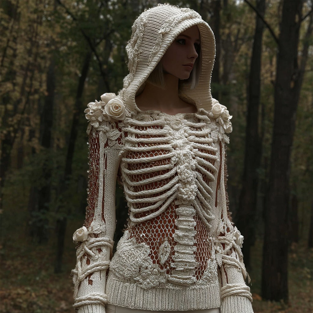 Women's Halloween Skull And White Rose Mesh Sweater