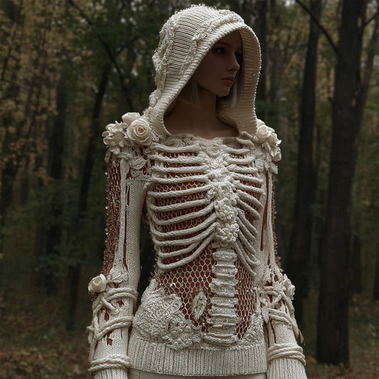 Women's Halloween Skull And White Rose Mesh Sweater