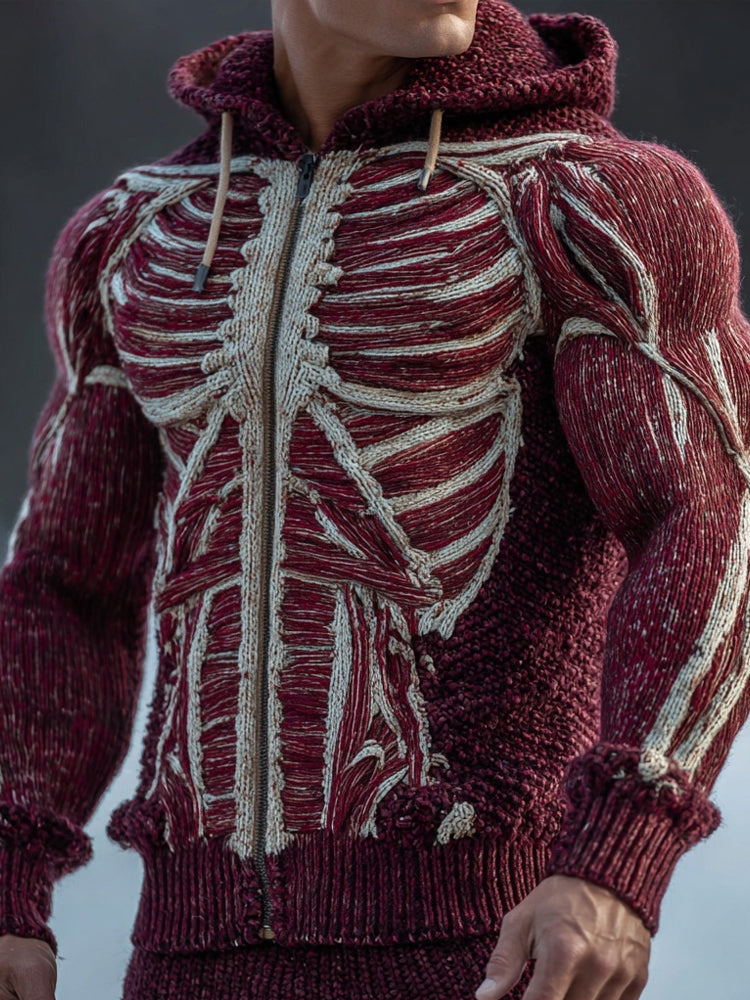 Men's Vintage Anatomy Art Chunky Hooded Zip-up Sweater
