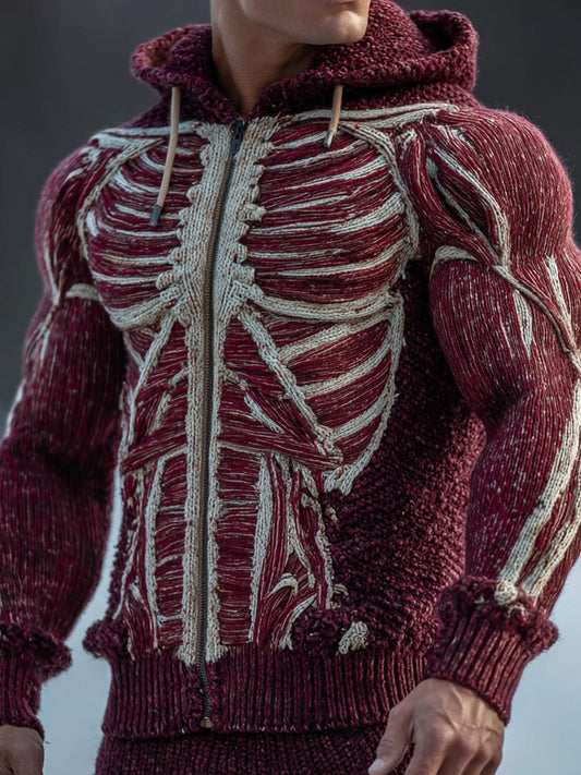 Men's Vintage Anatomy Art Chunky Hooded Zip-up Sweater