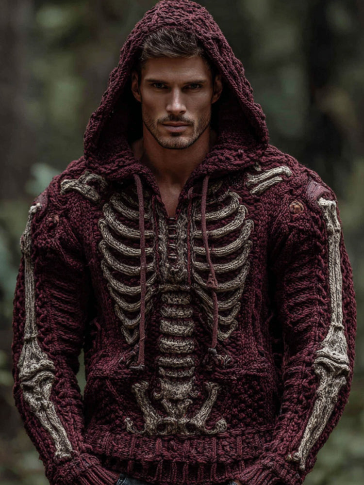 Men's Halloween Skeleton Art Knit Hooded Sweater