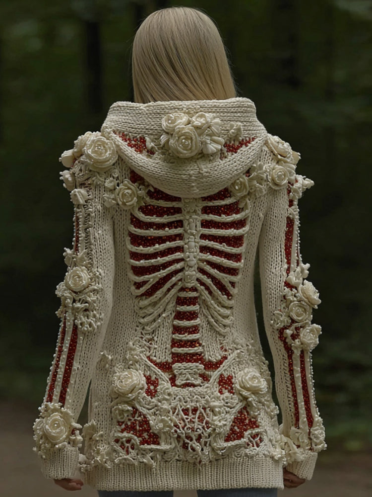 Women's Halloween Sequined Skull Cozy Knit Zip-up Sweater