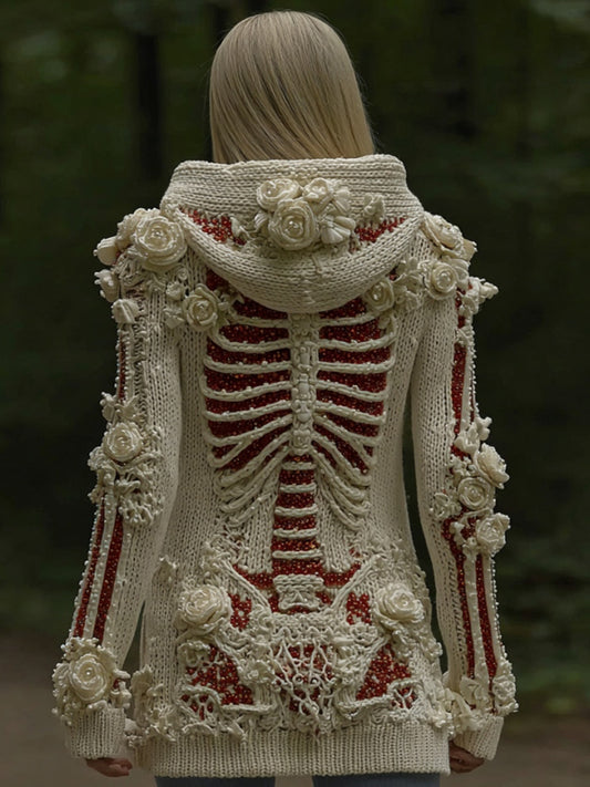 Women's Halloween Sequined Skull Cozy Knit Zip-up Sweater