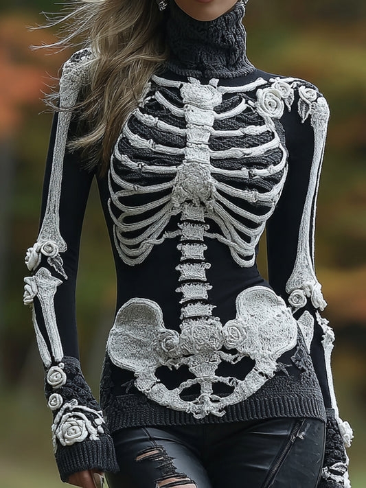 Women's Halloween Skeleton Bones With Roses Art Knitted Warm Turtleneck Sweater