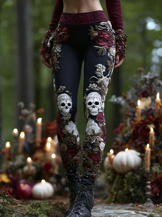 Women's Vintage Rose Skull Art Comfort Leggings