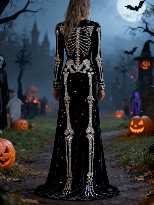Women's Halloween Skull Sequined Velvet Crew Neck Maxi Dress