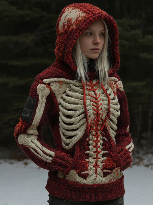 Women's Vintage Halloween Skeleton Gradient Knit Hooded Sweater