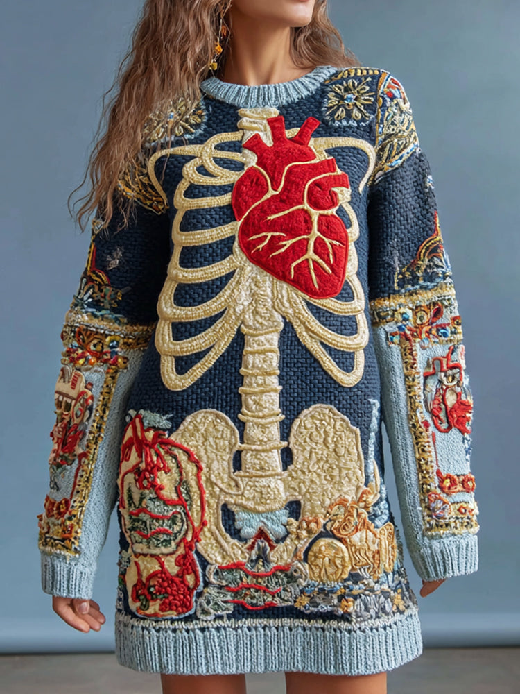 Vintage Halloween Anatomy With Cardiovascular Art Chunky Knitted Sweater Dress