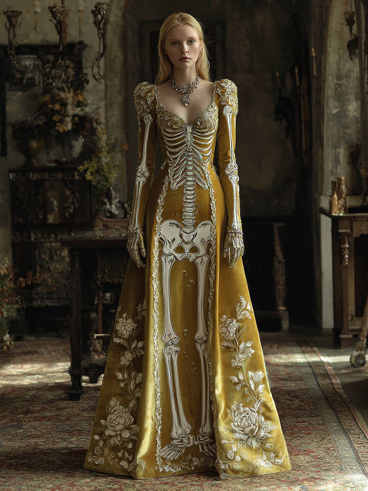 Women's Halloween Dark Gothic Rose Skull Velvet V-neck Maxi Dress