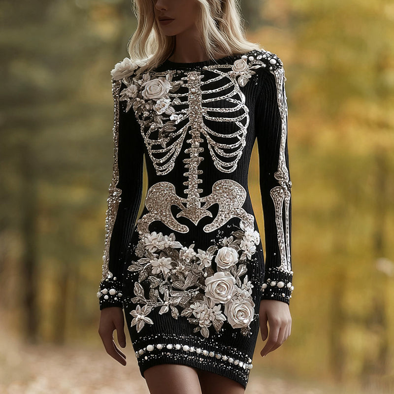 Classy Skull And Roses Art Cozy Knit Sweater Dress